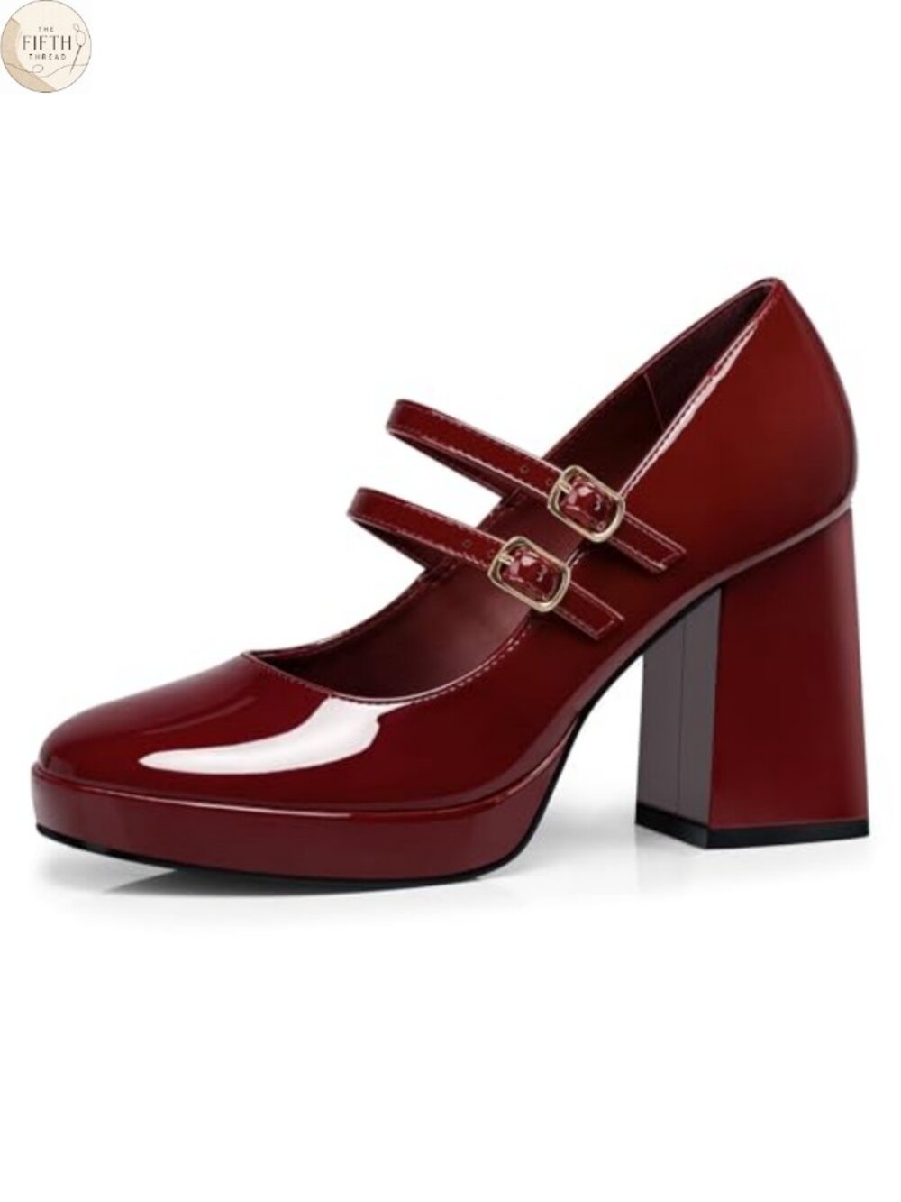 Women's Mary Jane Heels – Chunky Block Heel, Faux Leather, Buckle Strap,